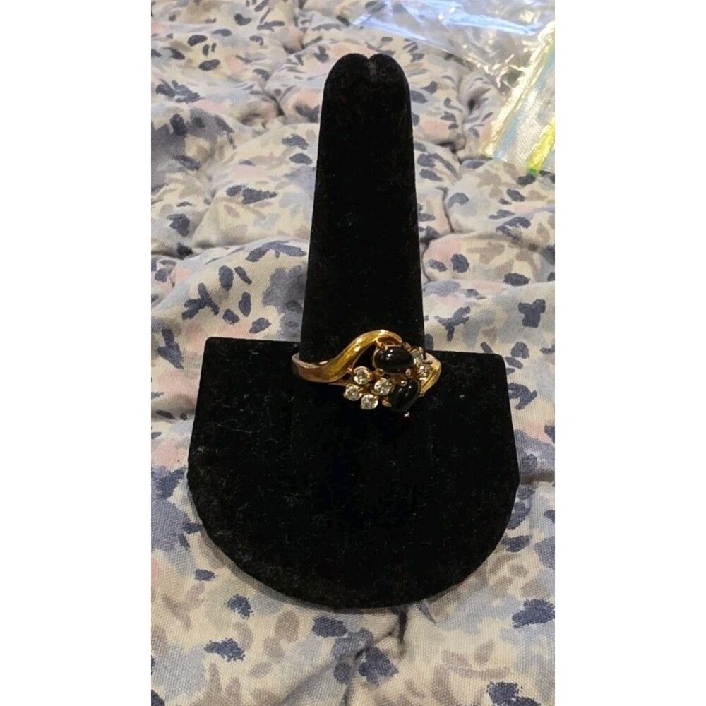 Vintage Signed Seta Gold Tone Black Glass Cabochon CZ Cubic Zirconia Ring SZ 10